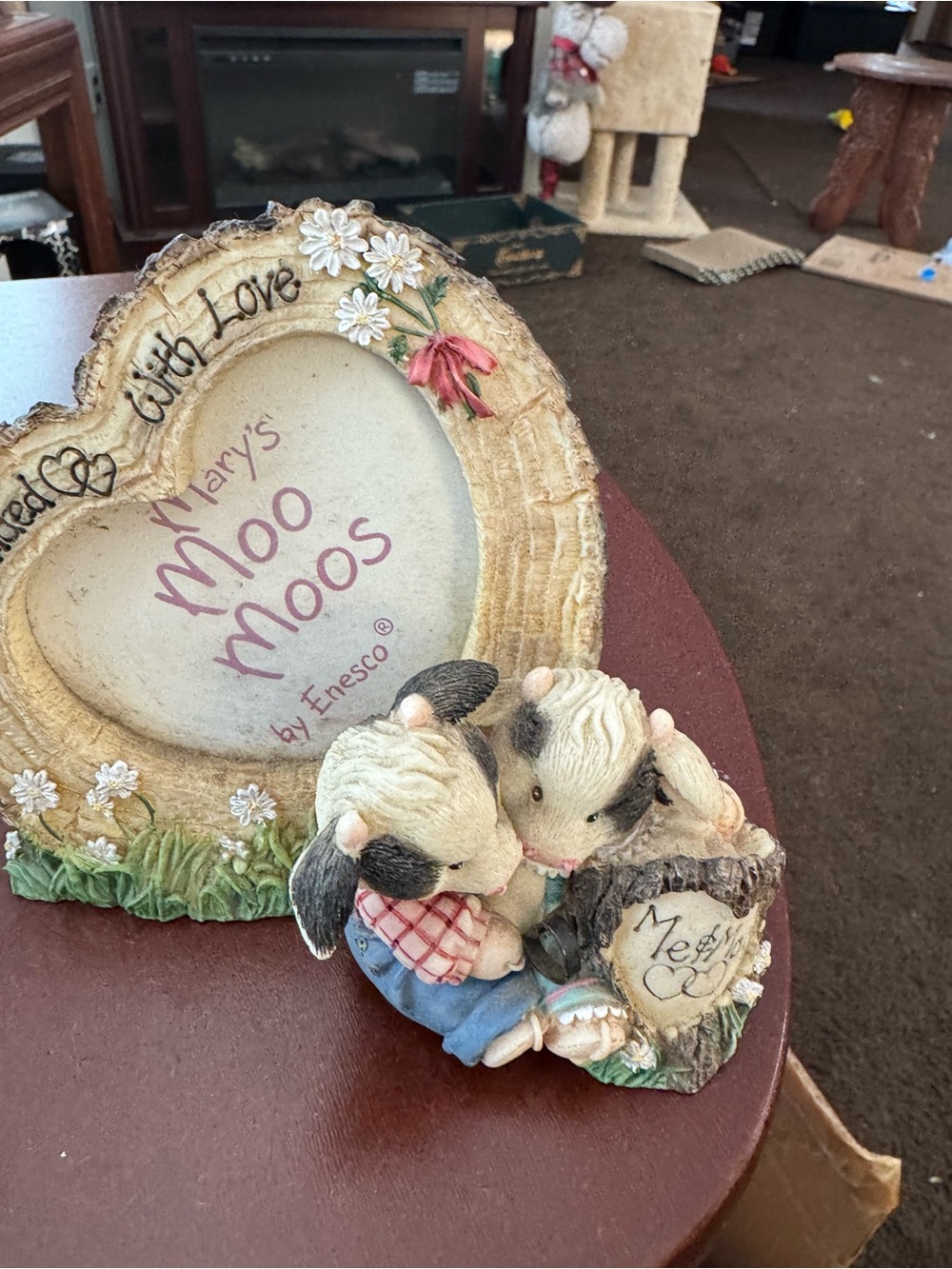 Enesco Cream and Pink Heart Frame with Cow Couple Figurines